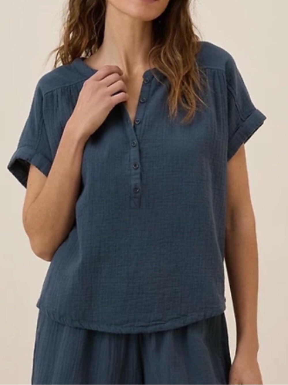 Pact Coastal Double Gauze Short Sleeve Popover Top Organic Cotton Navy XXL